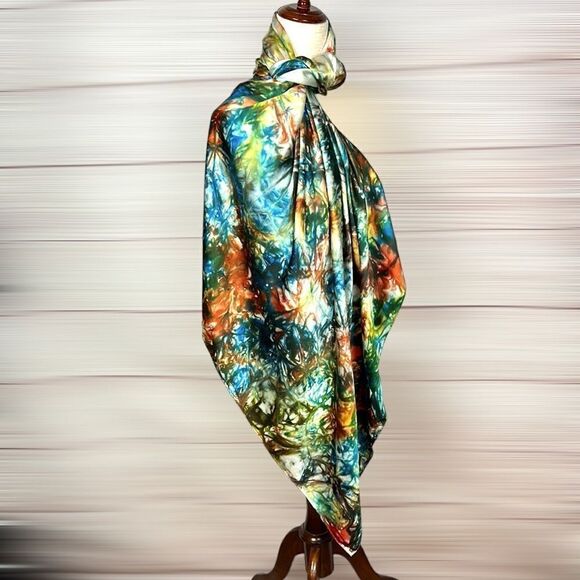 Large Silk Satin Square Scarf Abstract Print Hand Rolled - Picture 6 of 11